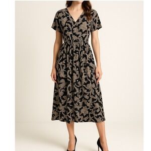 Vtg. Dress to Kill Rayon Maxi Dress Paisley Chain Print Pockets‎ Pearls Buttons